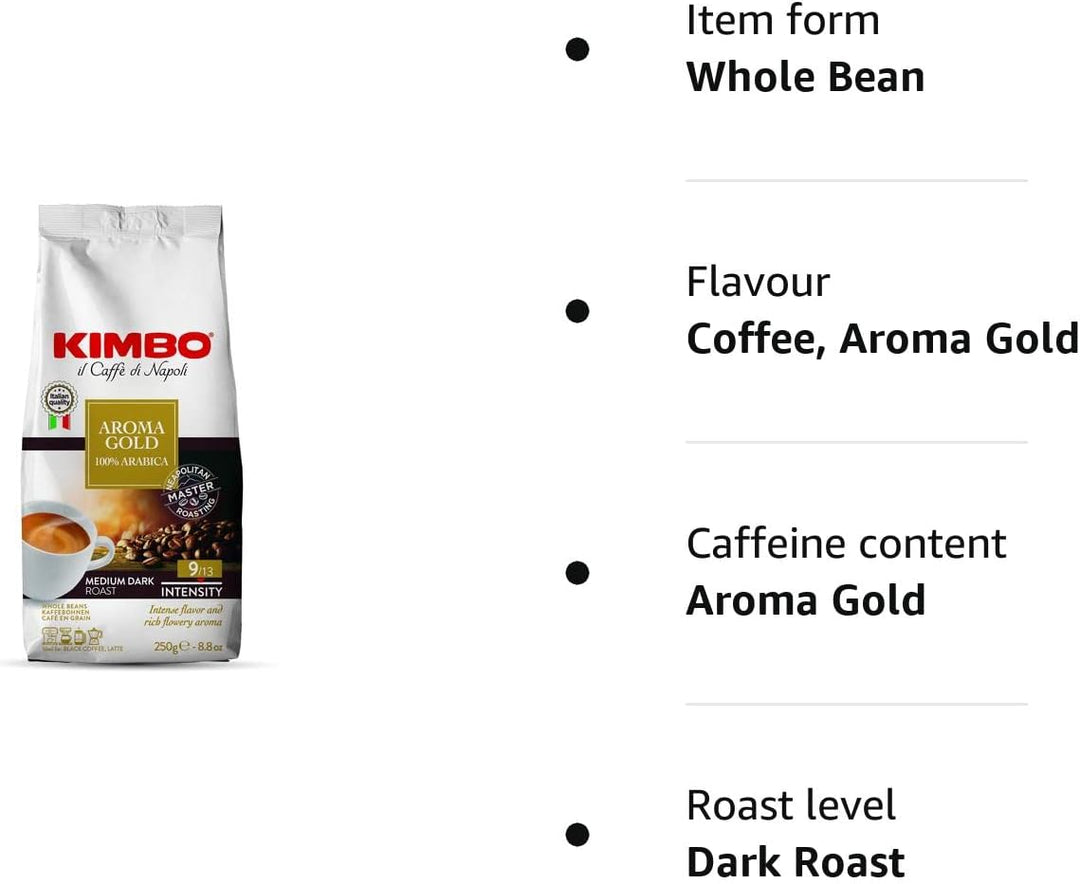 Kimbo Aroma Gold - 100% Arabica Whole Coffee Beans, Medium Dark Roast, 250g