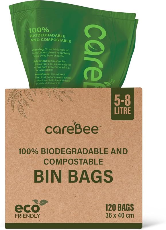 CareBee Biodegradable Kitchen Bin Bags - 120 Count, 8L Capacity, Compostable & Leak-Proof 1