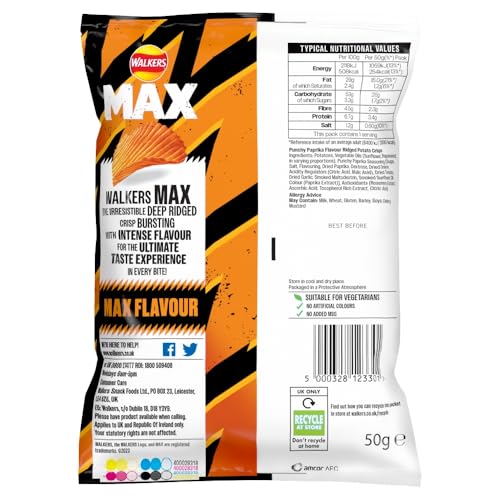 Walkers Max Punchy Paprika Crisps 50g (Pack of 24)