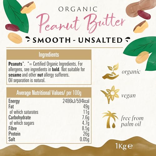 Biona Organic Smooth Peanut Butter 1KG - Unsalted, Palm Oil Free, No Emulsifiers 3