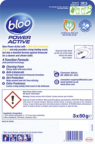 Bloo Power Active Toilet Rim Block - Lemon Scent with Anti-Limescale & Foaming Clean (150g)