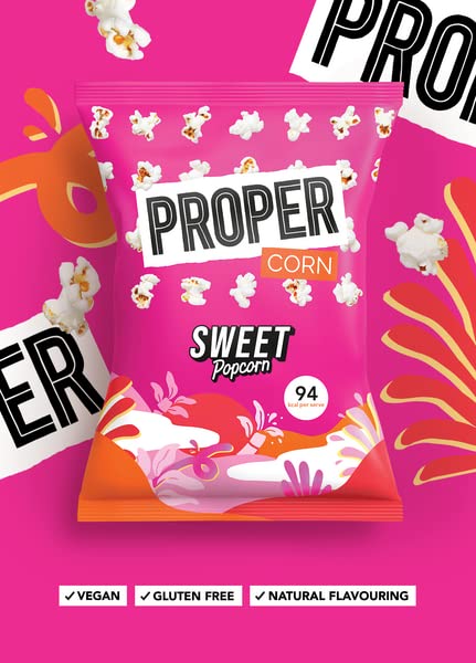 PROPER Sweet Popcorn, 90g Sharing Bag, Pack of 8, Vegan, Gluten-Free, Natural Flavourings, 94 kcal