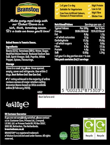 Branston Baked Beans in Tomato Sauce - Gluten Free, High Fibre, Vegetarian Friendly