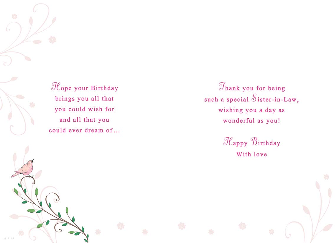 Piccadilly Greetings Traditional Birthday Card for Sister In Law | 9 x 6 Inches | White Gold Pink 2