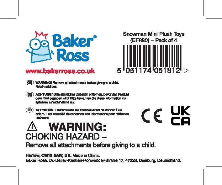 Baker Ross EF890 Snowman Mini Bean Pals Plush Toys - Pack of 4 Assorted Soft Stuffed Animals 7