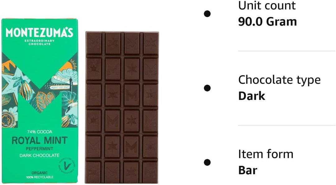 Montezuma - Royal Mint 74% Cocoa Dark Chocolate Bar, Organic Vegan Gluten-Free 90g