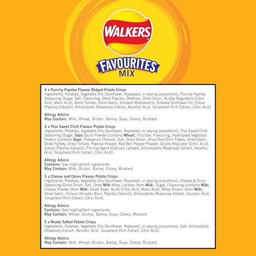 Walkers Favourites Mix Multipack Crisps 18 Pack - Cheese & Onion, Ready Salted, Paprika, Thai Sweet Chilli