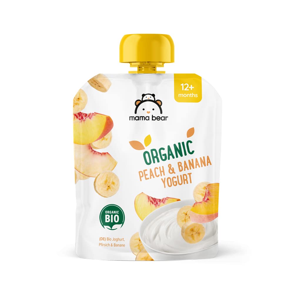 Mama Bear Organic Peach & Banana Yogurt Purée Pouches - 90g (Pack of 6), Suitable for 12 Months+