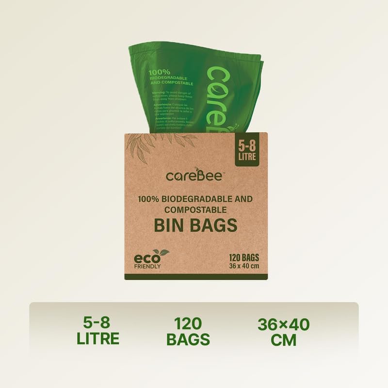 CareBee Biodegradable Kitchen Bin Bags - 120 Count, 8L Capacity, Compostable & Leak-Proof 5