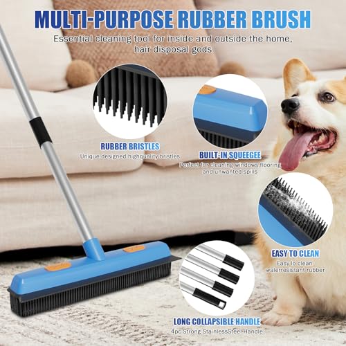 Woobroo - Rubber Brush Pet Hair Removal Broom with Squeegee and 149cm Adjustable Handle