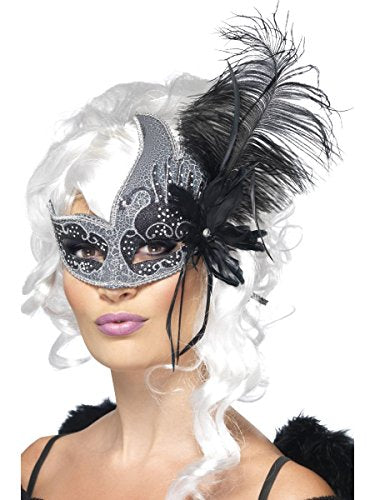 Smiffys Masquerade Dark Angel Feather Eyemask (Silver & Black)