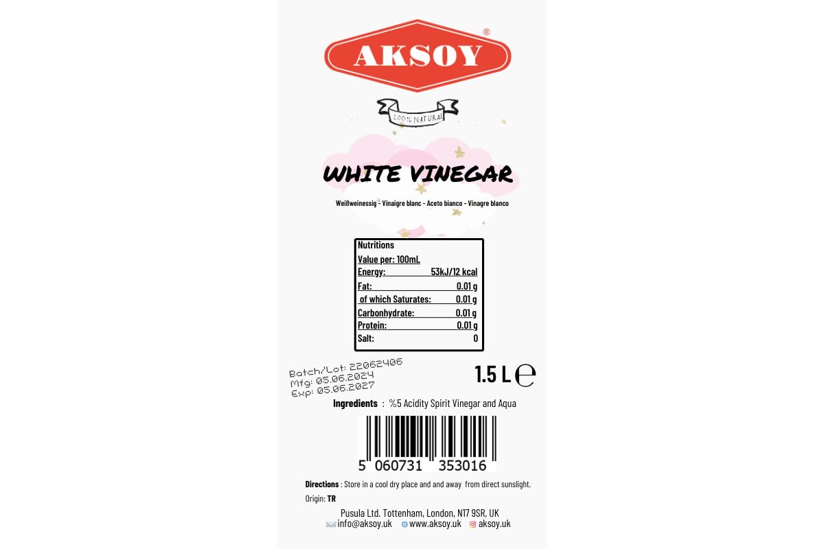 Aksoy Distilled White Spirit Vinegar 1.5L - Ideal for Cooking, Pickling & Natural Cleaning 5