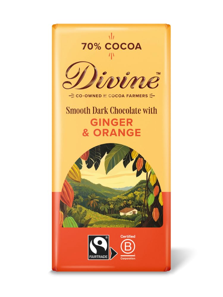 Divine 70% Cocoa Dark Chocolate with Ginger & Orange Bar | 90g Fairtrade