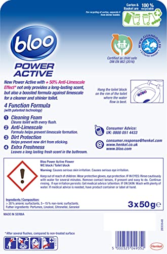Bloo Power Active Toilet Rim Block - Fresh Flowers Scent with Anti-Limescale, 3 Pack