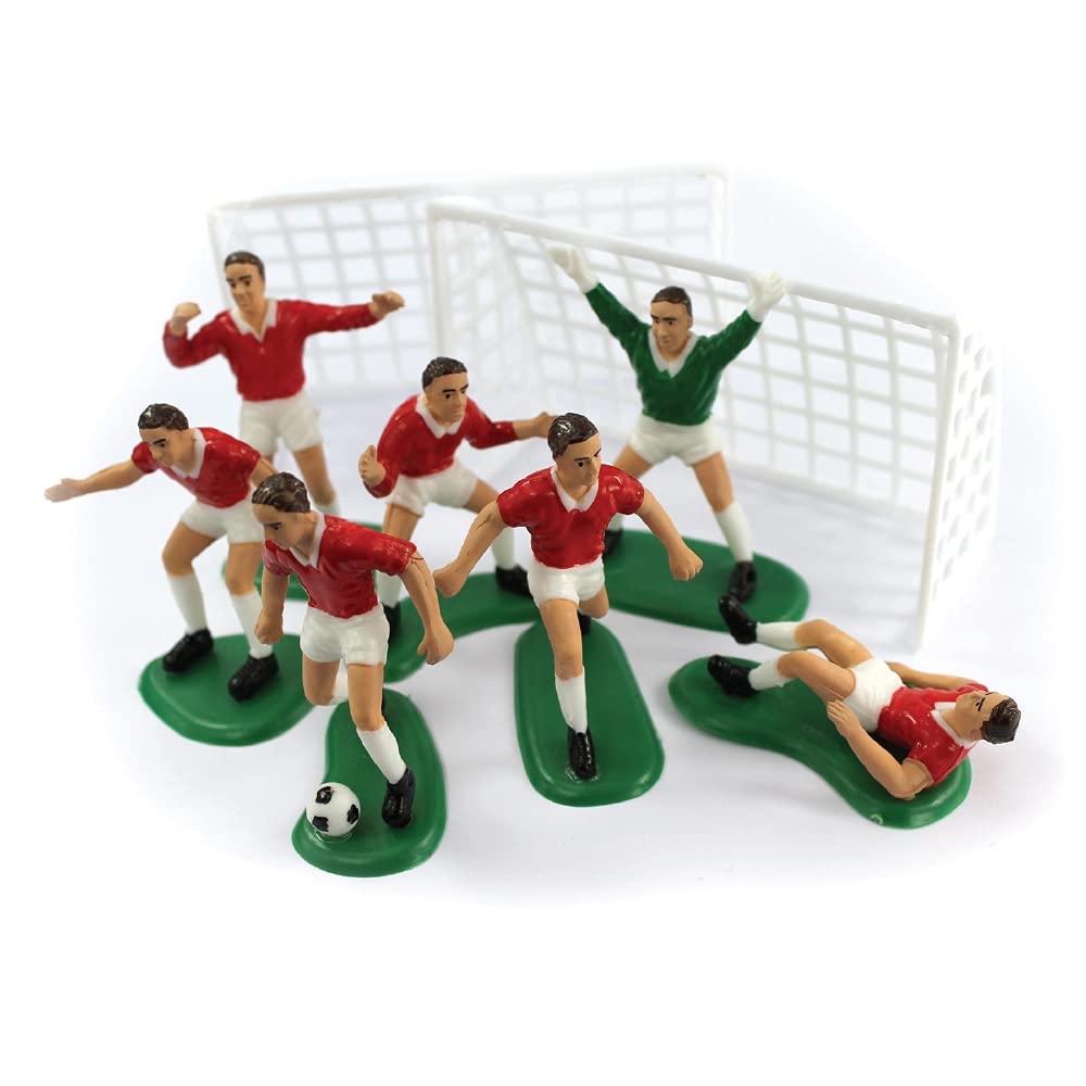 Anniversary House Football Cake Topper Set - 9 Pieces (7 Footballers, 2 Goals) | Red | Reusable