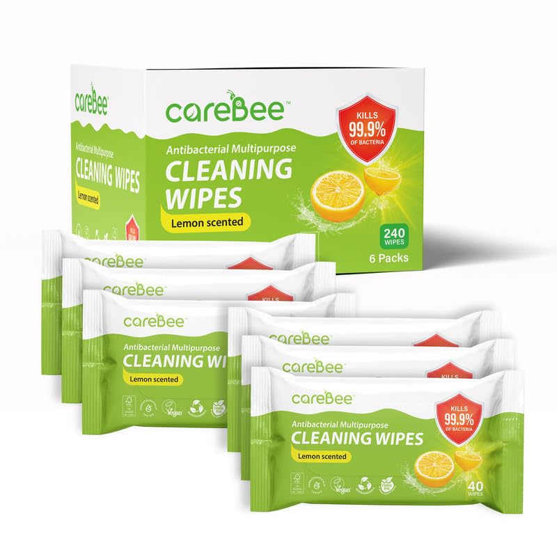 CareBee Plastic-Free Antibacterial Surface Wipes - Plant-Based, Biodegradable, Lemon Scent | Pack of 6