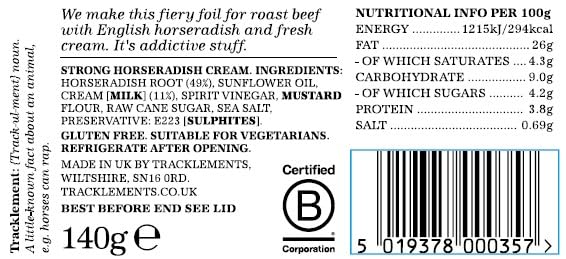 Tracklements Strong Horseradish Cream - Vegetarian, Gluten Free | 140g Jar (Pack of 2)