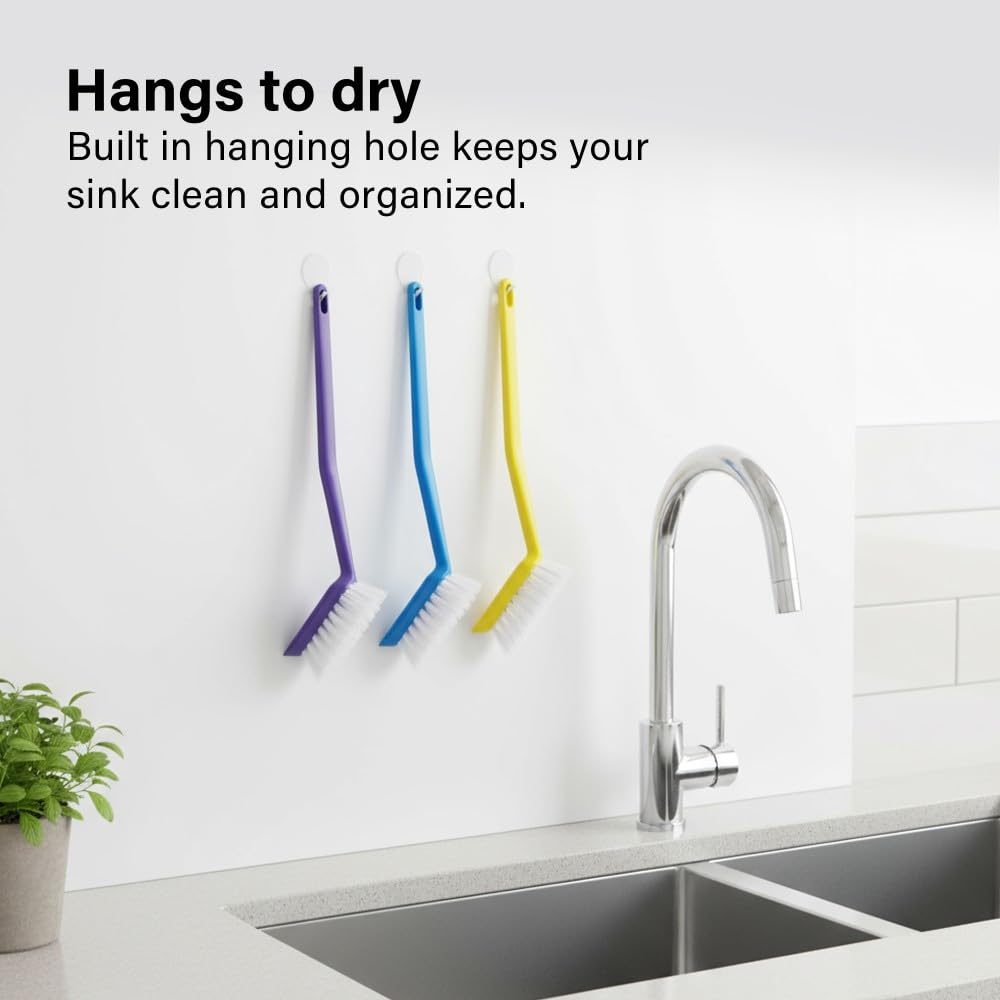 Vivo Technologies - Washing Up Brushes Pack of 3 | Non-Slip Grip with Built-In Scraper for Kitchen Cleaning 13