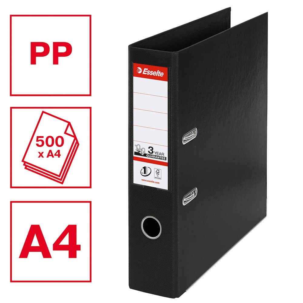 Esselte A4 Lever Arch File, Black, 72 mm Spine, Plastic, Vivida Range, 811370, 500 Sheets Capacity 2