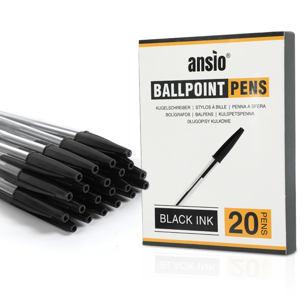 ANSIO Black Ballpoint Pens - Medium 1.0mm Tip, Smooth Writing, Pack of 20 1