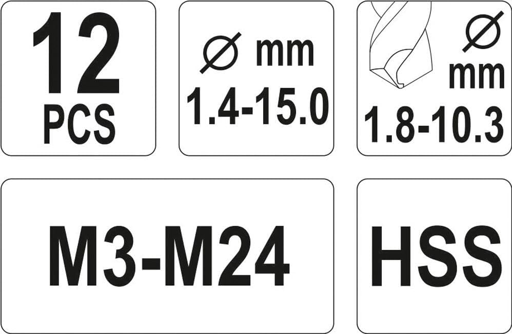 Yato YT-0591 Screw Extractor Set 12pcs - M3 to M24 with Drill Bits in Plastic Case