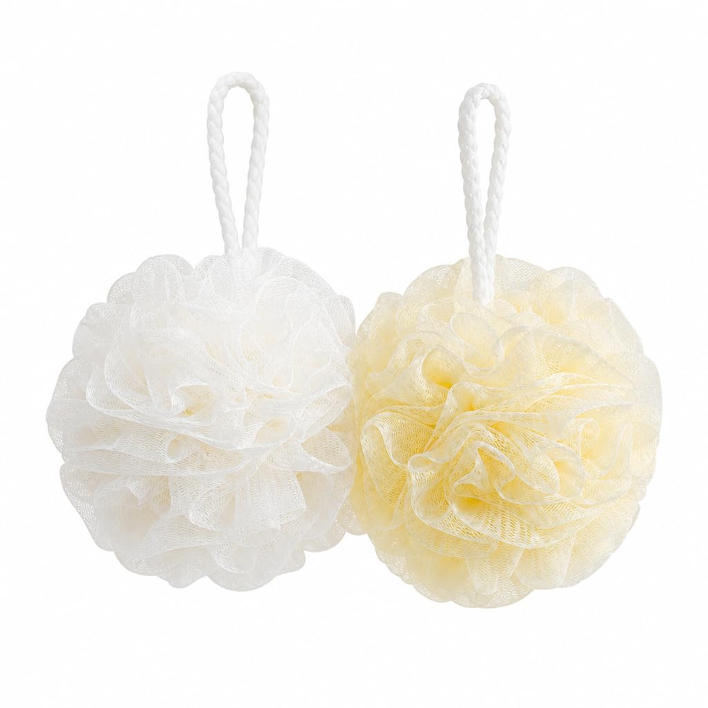 Lafefe Loofah Sponge with Built-in Sponge Core - 2 Count, White and Yellow