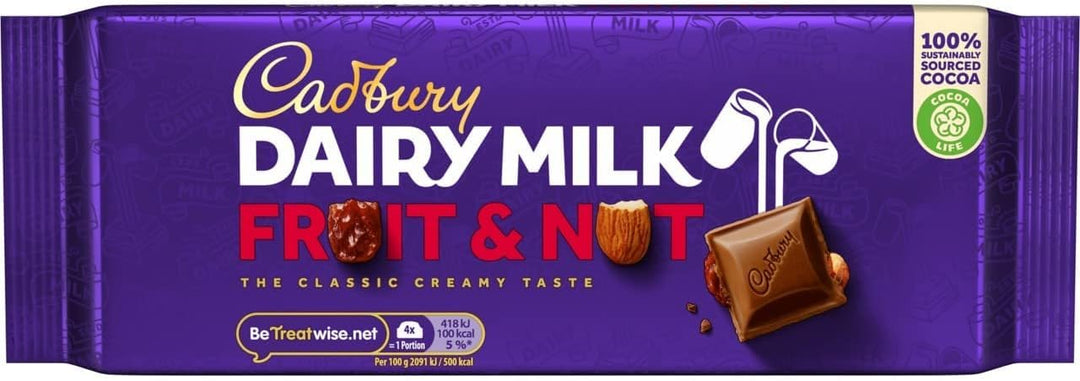 Cadbury Dairy Milk Fruit & Nut Bar, Milk Chocolate with Raisins and Almonds, 180g