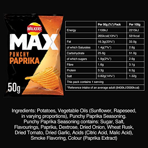 Walkers Max Punchy Paprika Flavour Ridges Crisps 50g 11
