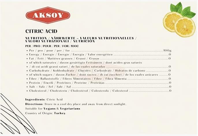 AKSOY Citric Acid Food Grade - 1000g Non-GMO Anhydrous Granule De-Scaler