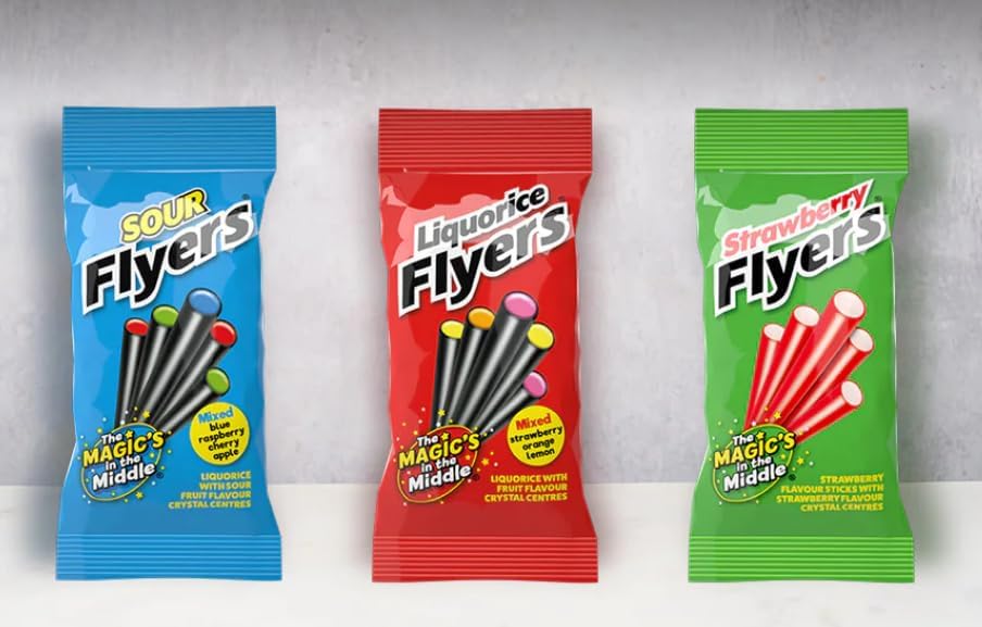 Flyers Liquorice Candy Sticks - 7 Pack x 12, Strawberry Orange Lemon Chewy Licorice Sweets with Fruit Crystal Centre 8