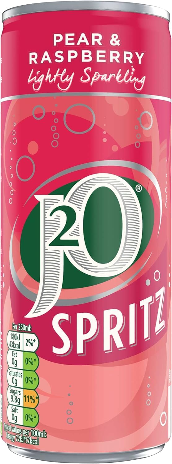 J2O Fruit Juice Spritz Blend - Pear and Raspberry, Lightly Fizzed | Low Calorie | Vegan | Pack of 4 x 250ml Cans 2