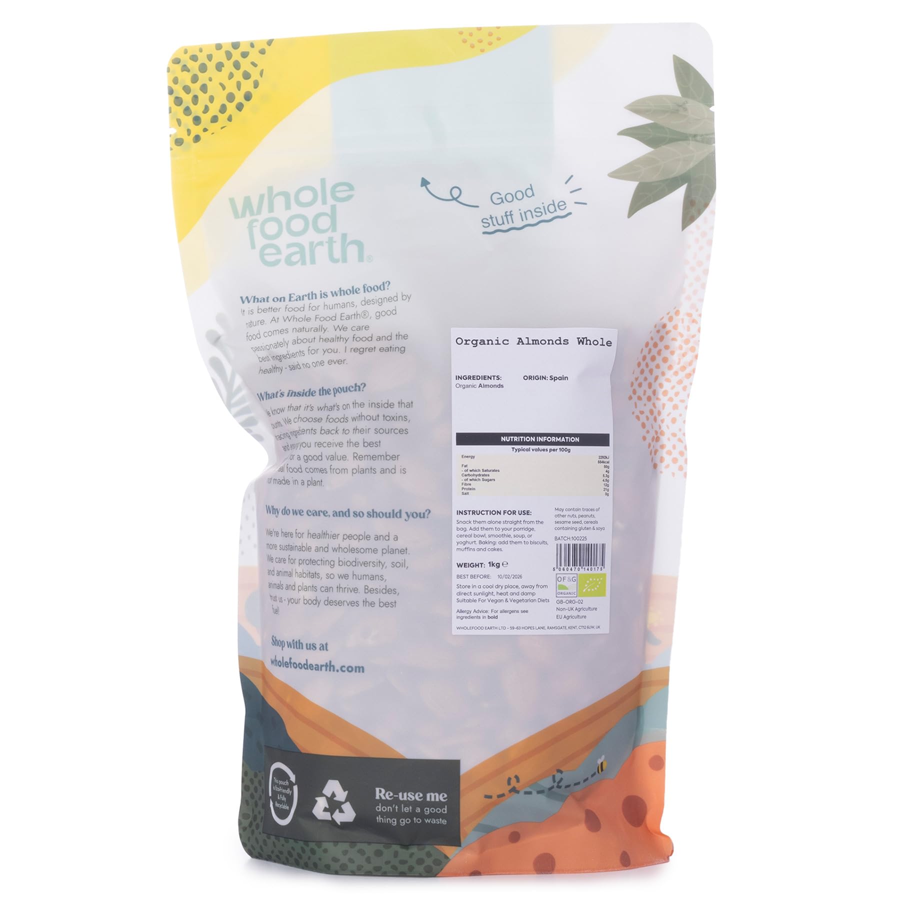 Wholefood Earth Organic Almonds Whole - 1kg | Raw | GMO Free | Vegan 2