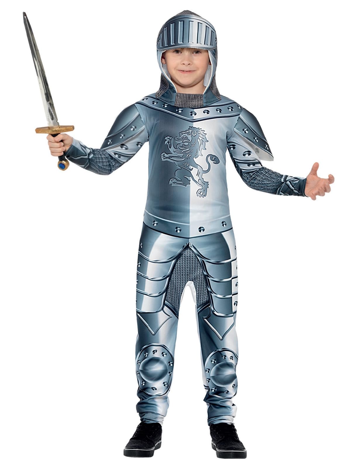 Smiffys Deluxe Armoured Knight Costume - Grey Jumpsuit & Headpiece, Digital Print, Ages 4-6