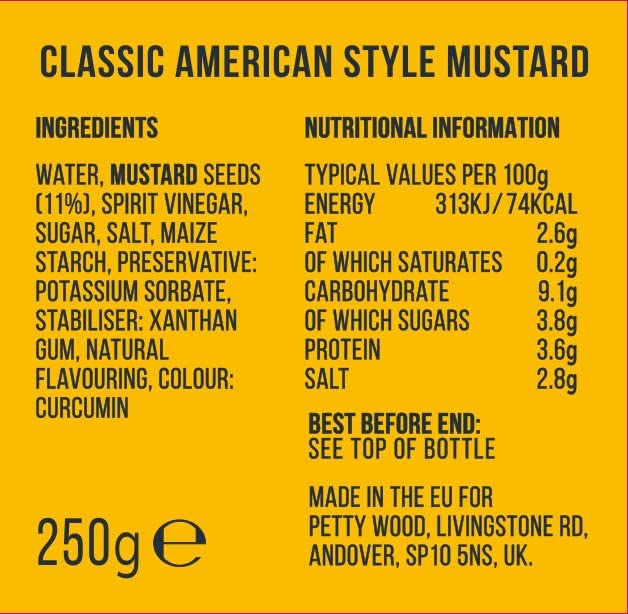 Dino's Famous - Classic American Mustard Smooth & Tangy Condiment for Hot Dogs, Burgers & Sandwiches 250g