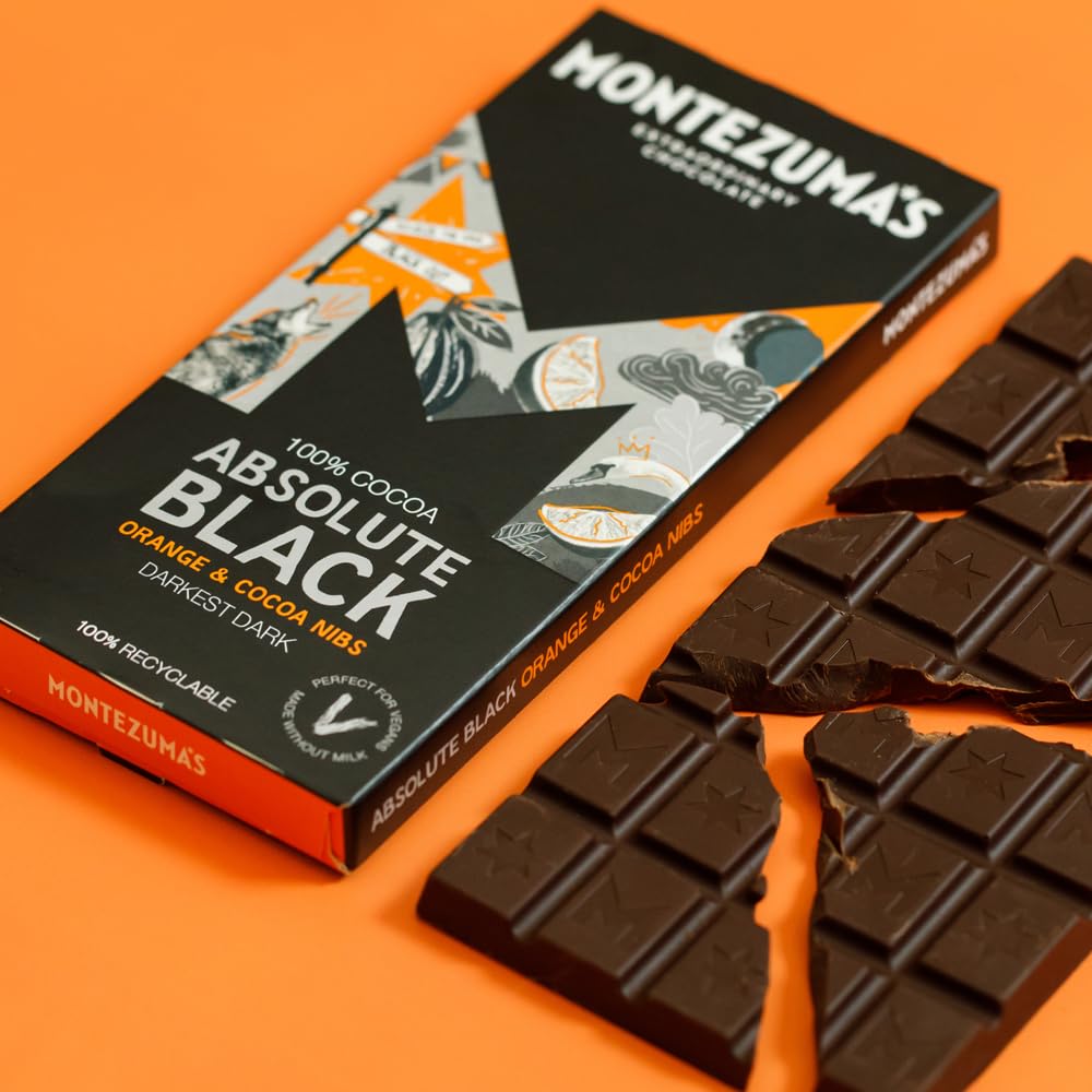 Montezuma - Absolute Black 100% Cocoa Dark Chocolate with Orange & Cocoa Nibs 90g Bar