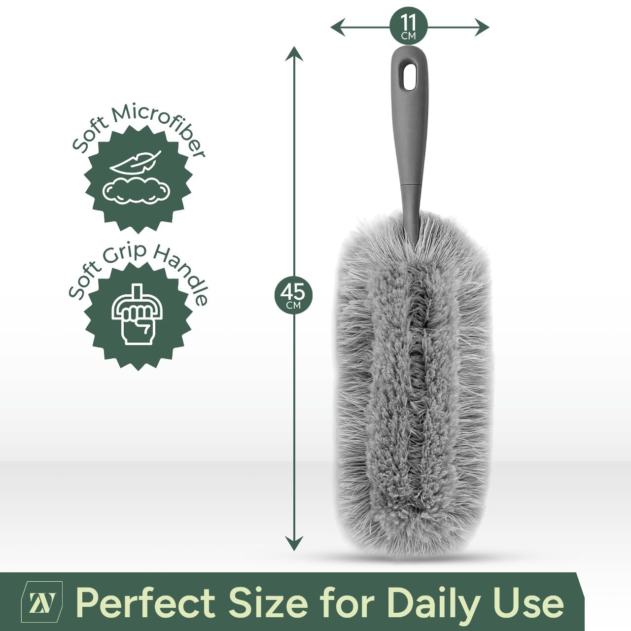 Zuvo Microfiber Duster - Detachable Washable Head | Soft Grip Handle | Grey, Size L 2