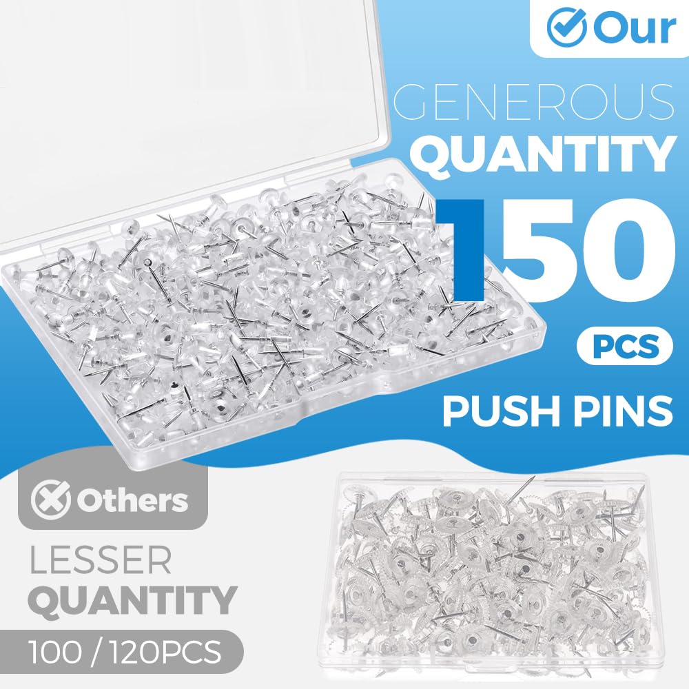 Woobroo Clear Push Pins - 150 Pcs Drawing Pins with Storage Box | Stainless Steel Needles 2