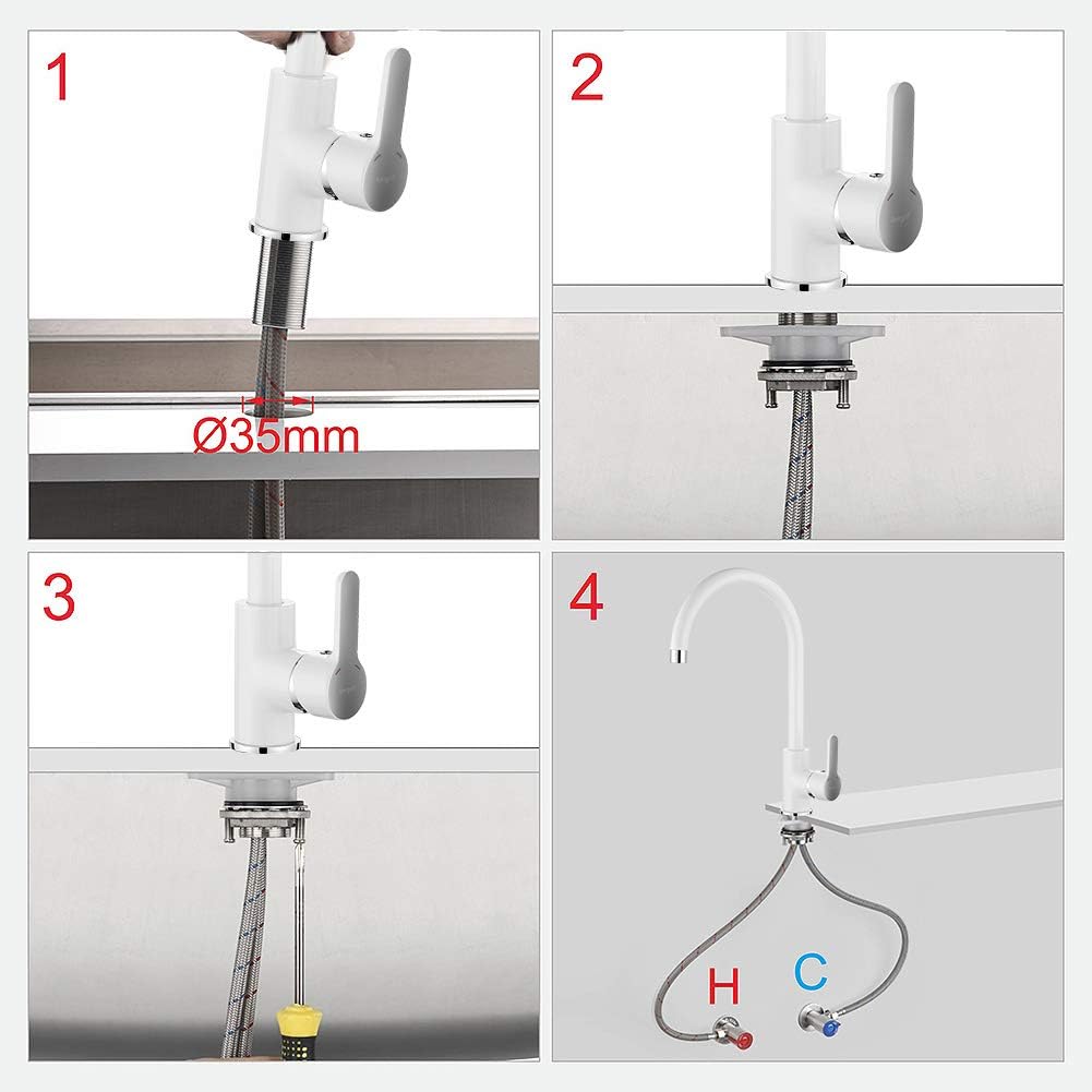 Ibergrif M14122W Square Kitchen Tap with Rotation Spout, Single Lever Sink Faucet, White Finish