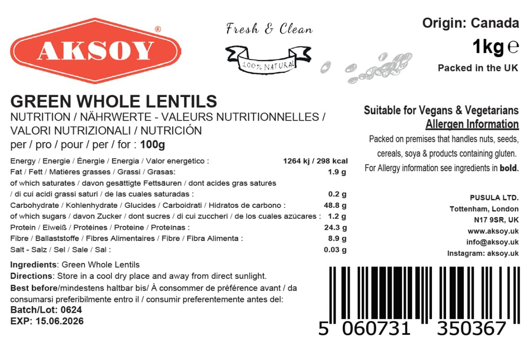Aksoy Green Whole Lentils 1KG – High Protein, Fiber-Rich Pulses for Salads and Curries