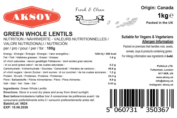Aksoy Green Whole Lentils 1KG – High Protein, Fiber-Rich Pulses for Salads and Curries