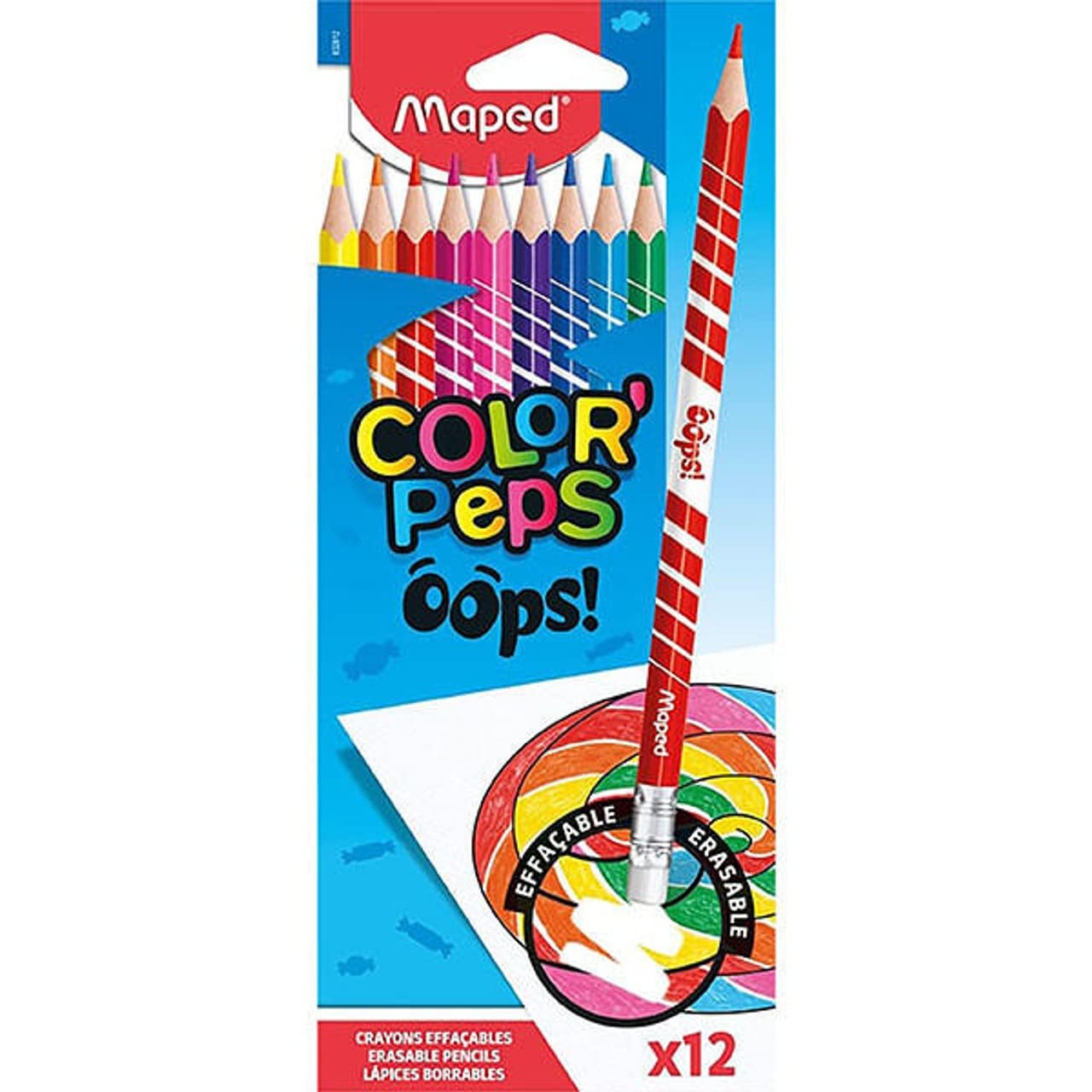 Maped Color Peps Oops Erasable Colouring Pencils - Pack of 12 | Triangular Grip | 2.9mm Lead