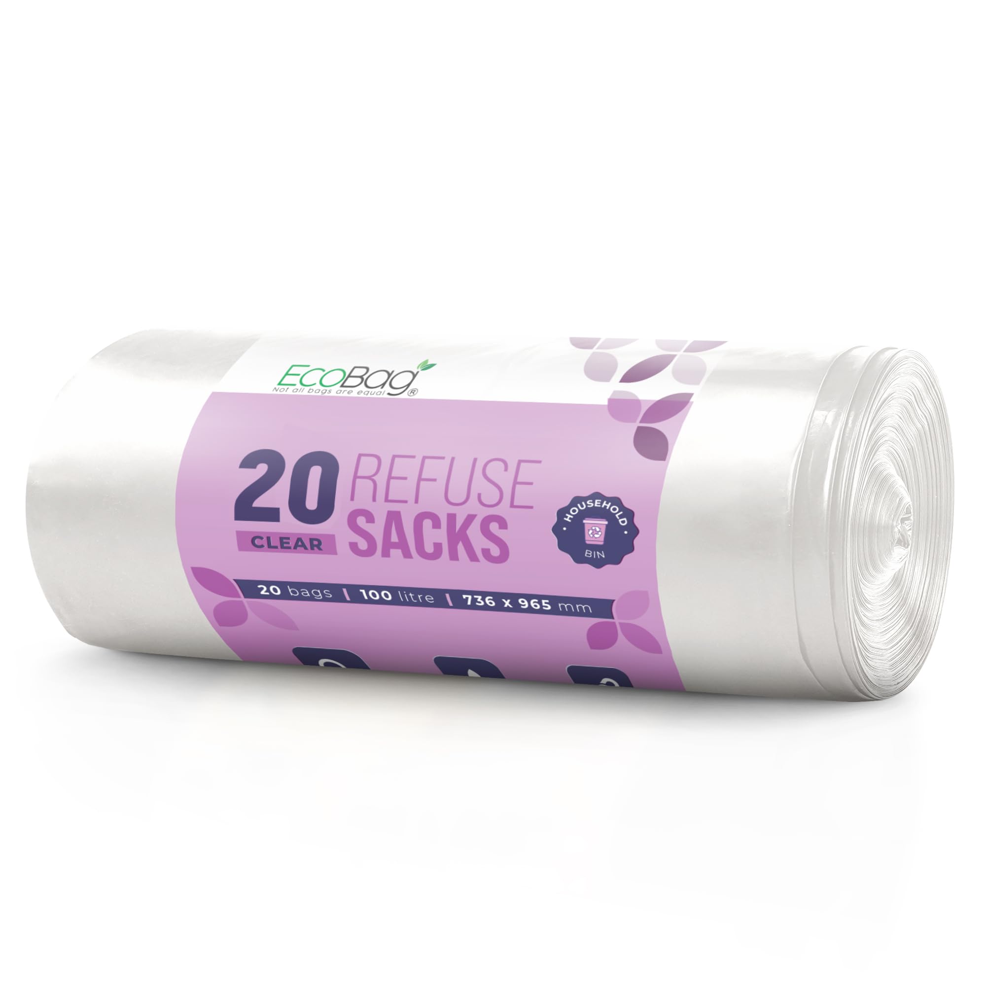 EcoBag Heavy Duty Bin Liners - 100L Capacity, 736 x 935mm, Pack of 20 | Recycled Plastic