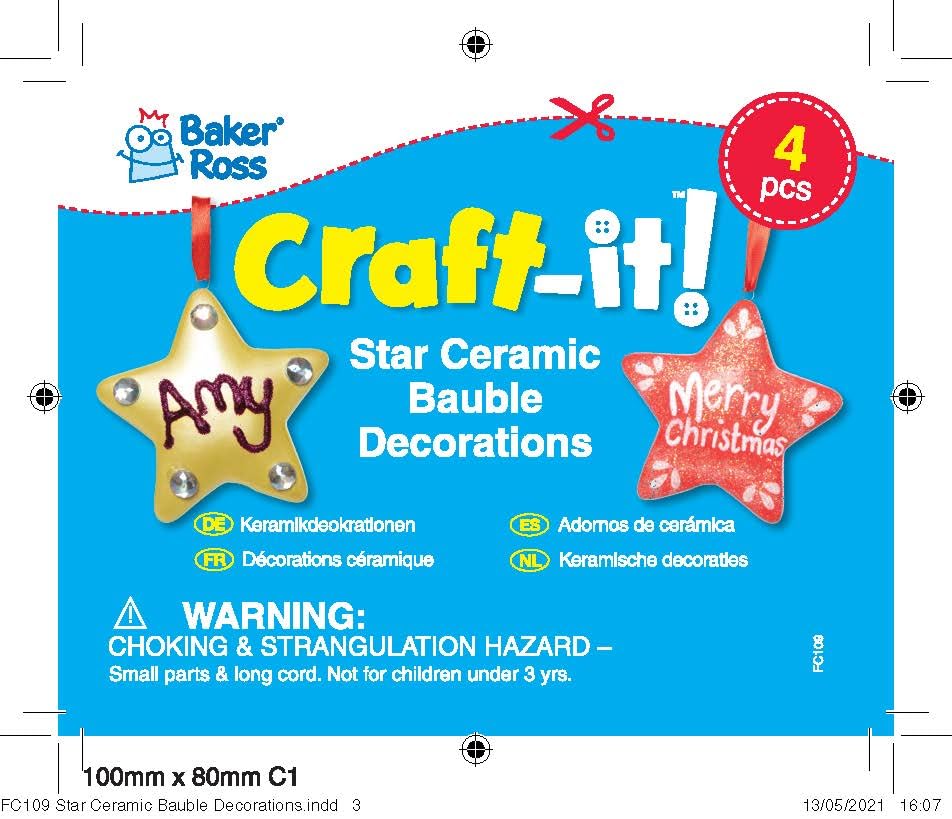 Baker Ross FC109 Christmas Star Ceramic Baubles - Pack of 4, Make Your Own Craft Kit 11