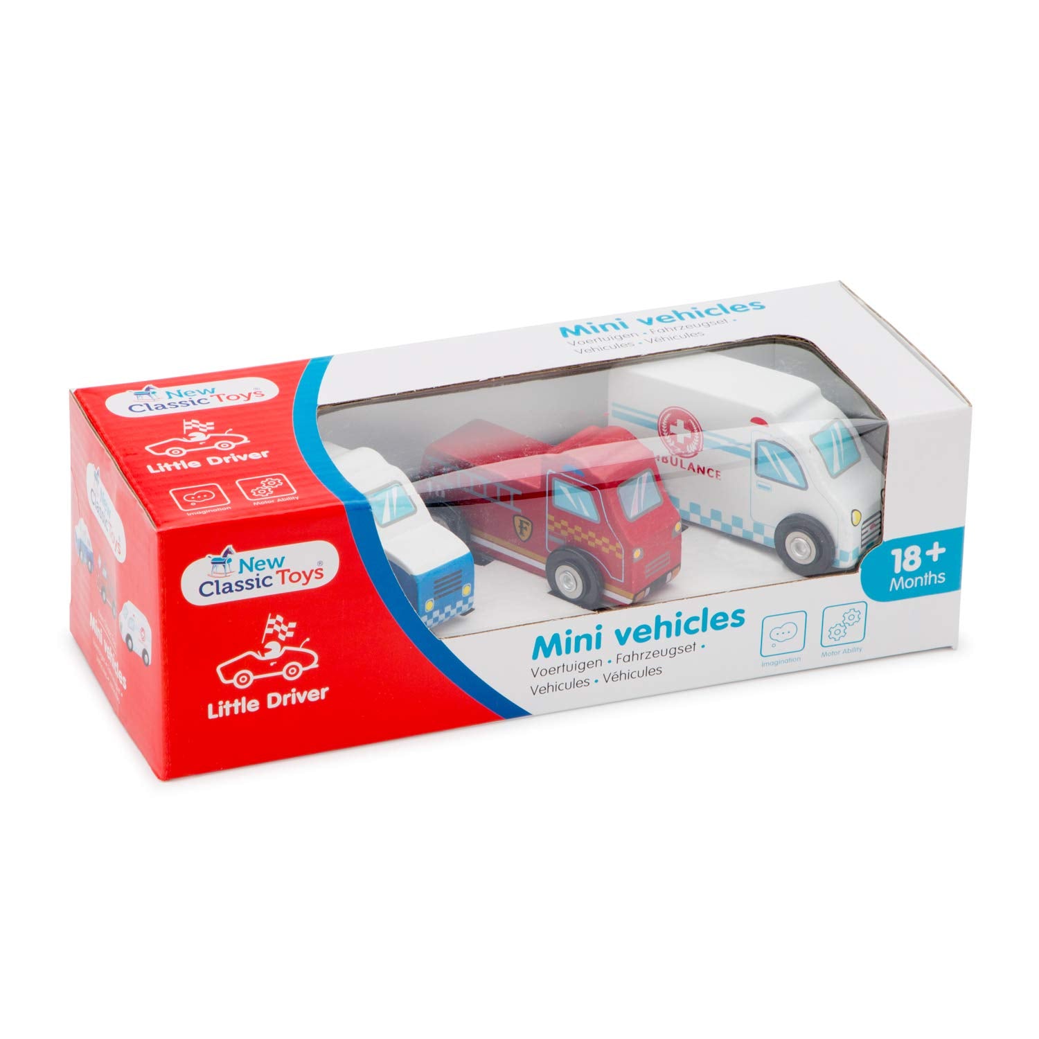 New Classic Toys 11933 Wooden Vehicles Set - Police Car, Fire Truck & Ambulance for Toddlers 12 Months+