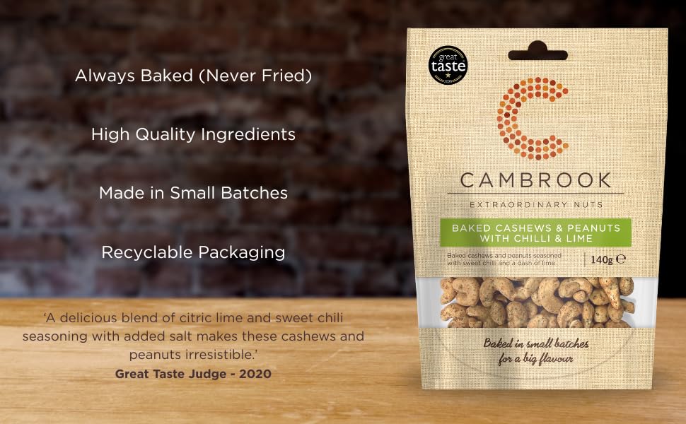Cambrook Baked Cashews & Peanuts with Chilli & Lime - 140g Bag