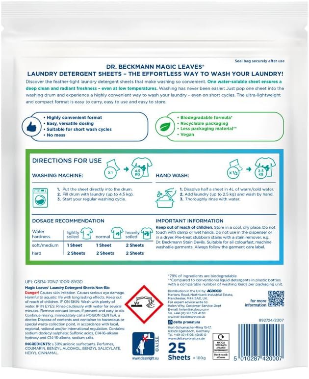 Dr. Beckmann - MAGIC LEAVES Non-Bio Laundry Detergent Sheets | 25 Sheets