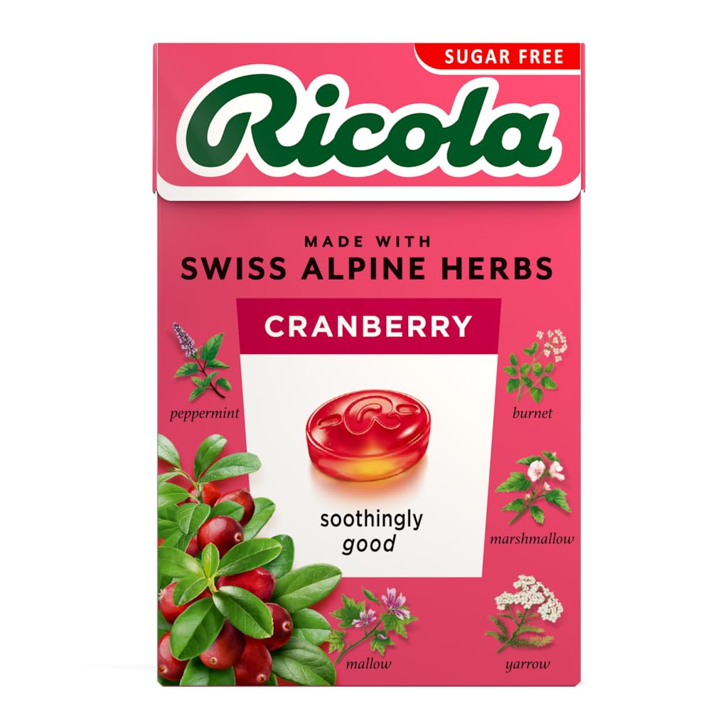 Ricola Cranberry Sugar-Free Swiss Herbal Sweets - 45g Box of 20 Drops
