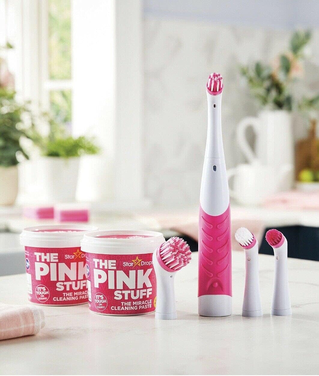 The Pink Stuff - Sonic Scrubber Kit with Miracle Cleaning Paste Cleaning Tool Set (2 x Paste Tubs + 4 Brush Heads)