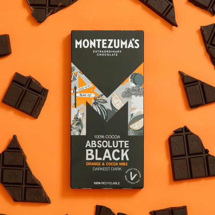 Montezuma - Absolute Black 100% Cocoa Dark Chocolate with Orange & Cocoa Nibs 90g Bar