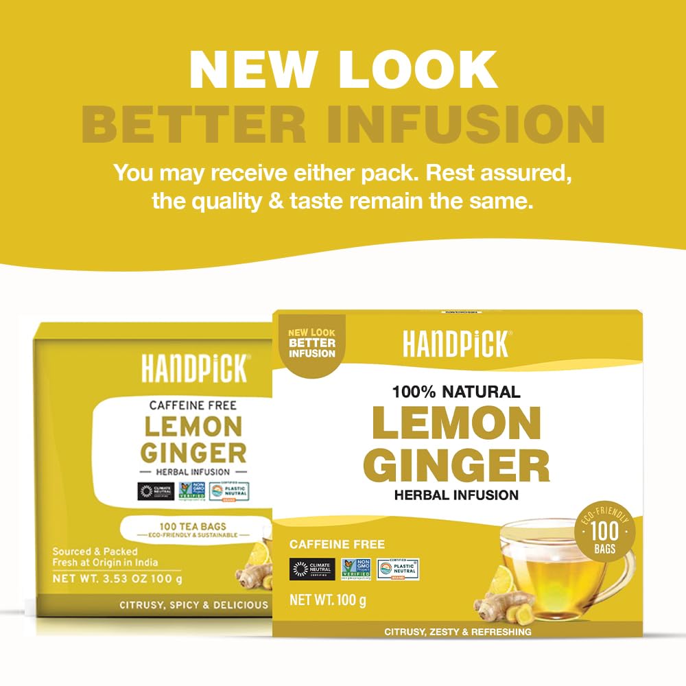 HANDPICK Lemon Ginger Tea Bags (100 Count) | Herbal Tea with Lemon, Ginger, Lemongrass & Licorice | Eco-Conscious Round Tea Bags for Hot or Cold Brew